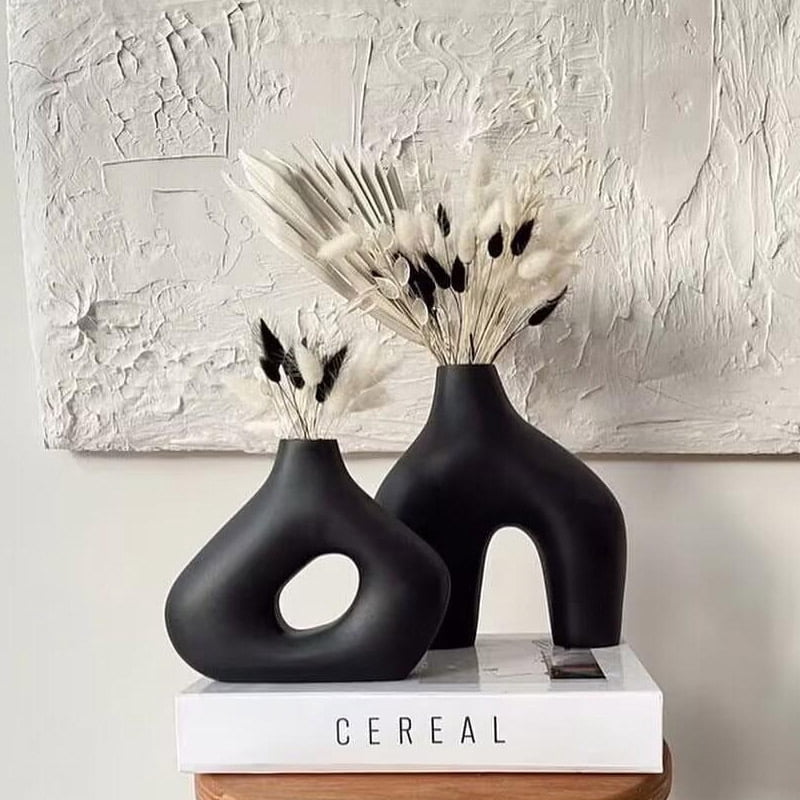 Black Ceramic Vase Set of 2 for Modern Minimalist Bohemian Decor，Round ...