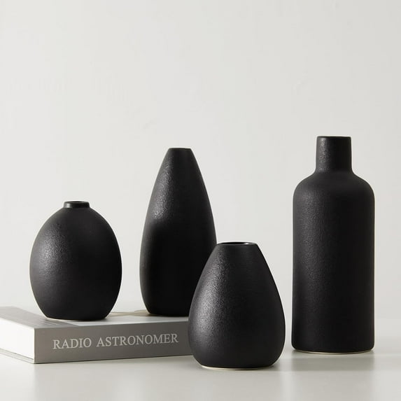 Black Ceramic Vase Set - 4 Small Unique Vases for Flowers, Modern Decorative Centerpieces and Home Decor