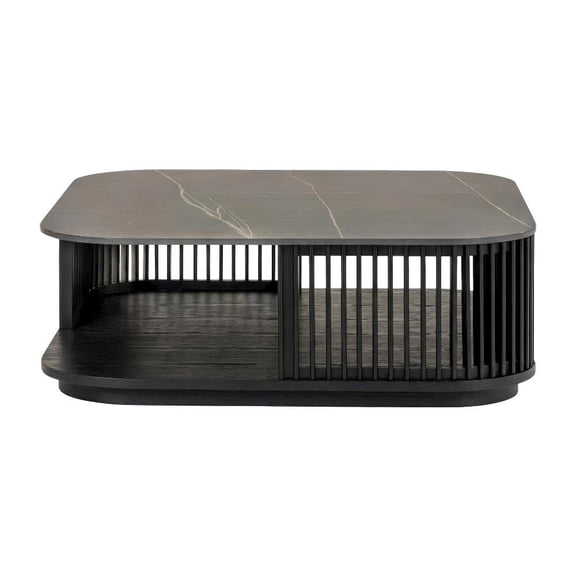 Black Ceramic and Wood Square Coffee Table with Solid Top and Sturdy Frame