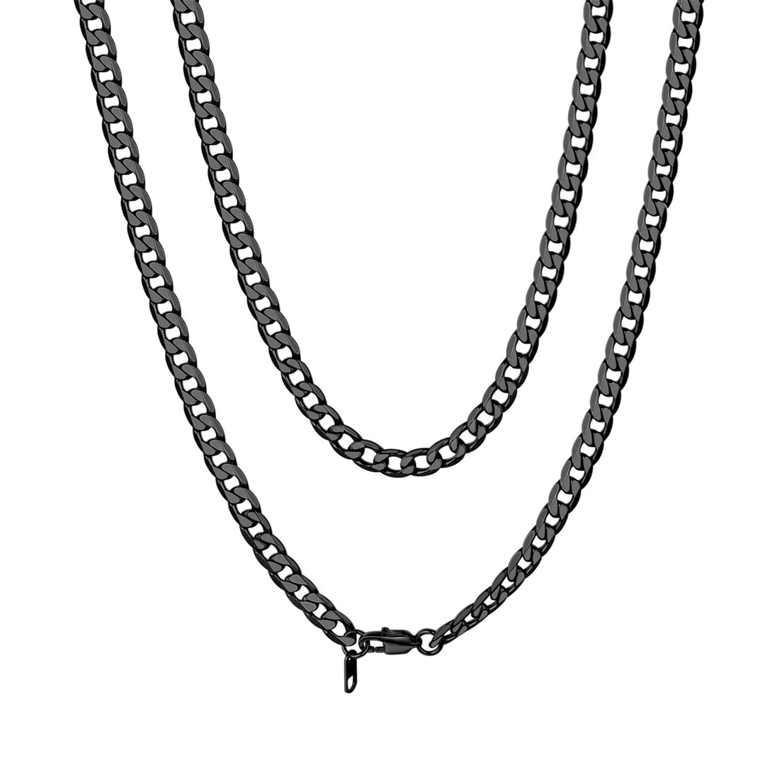 Black Chain Necklace for Men 24 inch, Flat Curb Link Chain, Stainless Steel Curb Cuban Chain