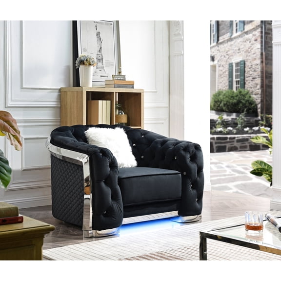 Black Chair with Jeweled Buttons and Diamond Quilting / Relaxing Seating in Modern Style