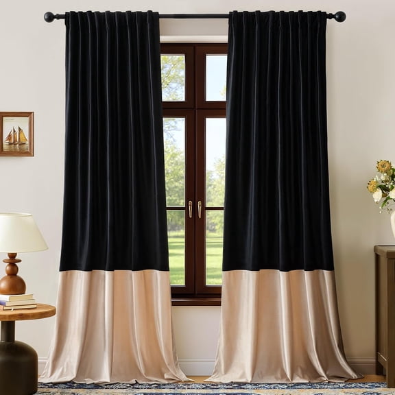 Black Champagne Beige Velvet Blackout Curtains 84" Long, Modern Color Block Back Tab Drapes, 2 Panels