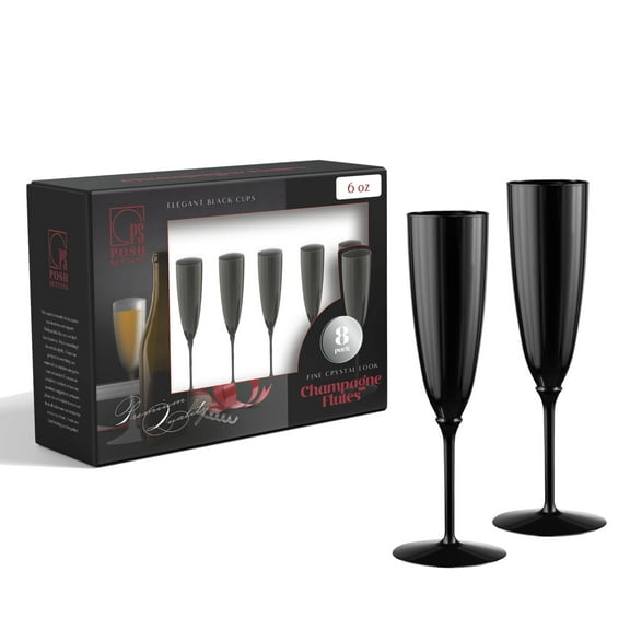 Black Champagne Flutes Disposable Plastic Champagne Toasting Glasses [8 Pack - 6 oz.] Fancy Stemmed Cups for Parties, Weddings, and Dining Durable Reusable - Posh Setting