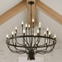 Black Chandelier 24 Light, Round Industrial Candle Chandeliers, Large Wagon Wheel Chandeliers 39in for Hallway, Living Room, Foyer, Island Lights