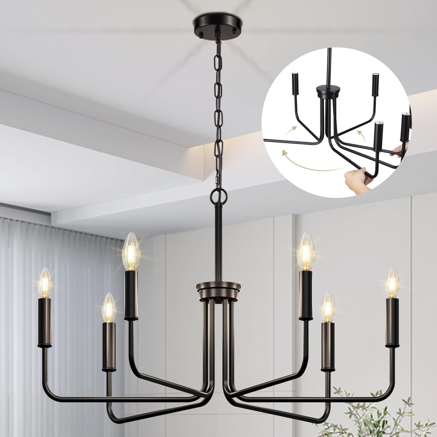 Wellmet Black Rustic Farmhouse Chandelier - 6-Light Forest Theme Drum Pendant For Dining Room & Living Room