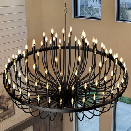 Black Chandelier 96 Light, Round Industrial Candle Chandeliers, Large Wagon Wheel Chandeliers 70in for Hallway, Living Room, Foyer, Island Lights