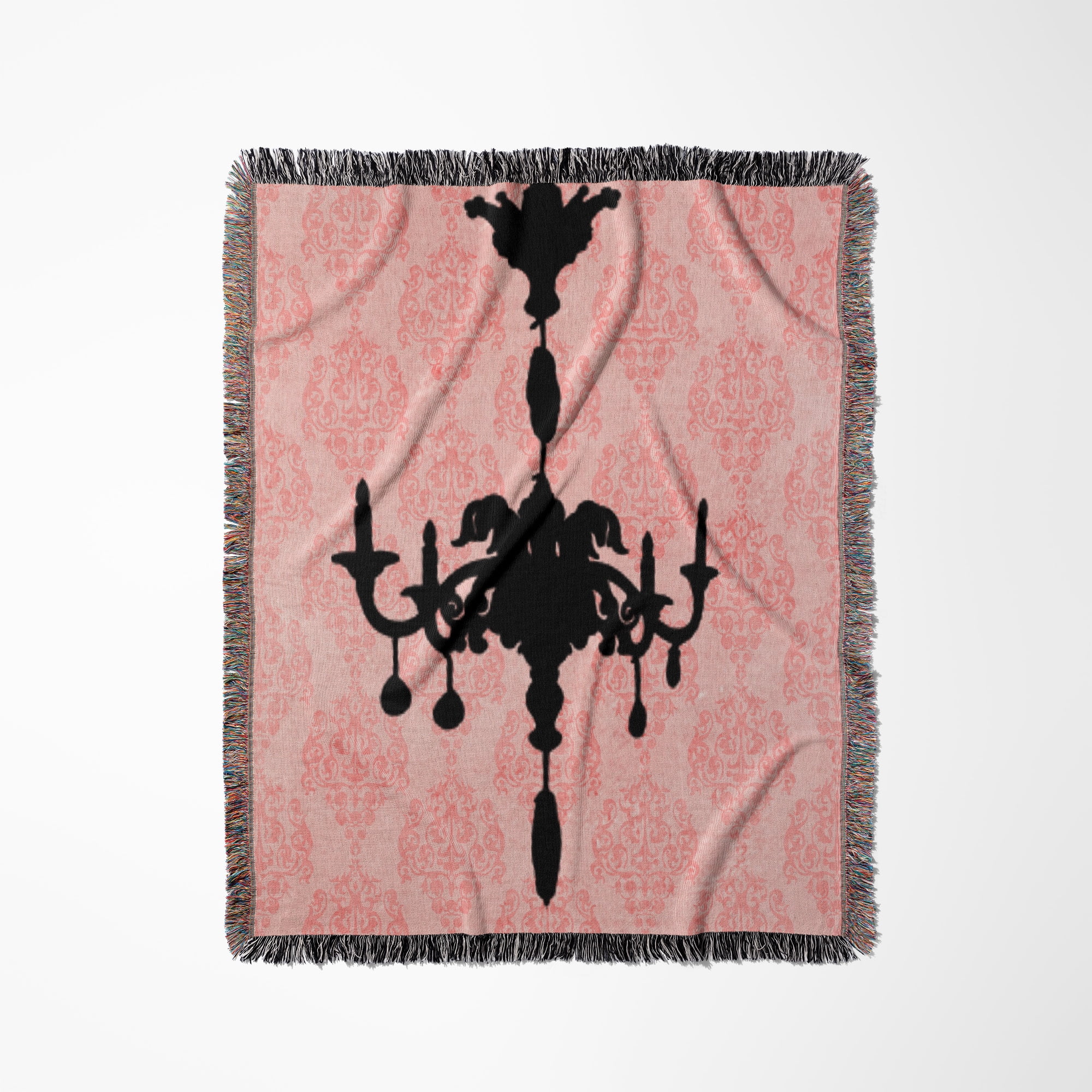 Black Chandelier Against A Pink Damask Background, Woven Blanket