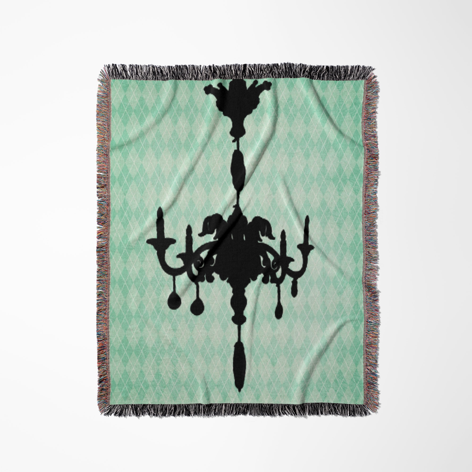 Black Chandelier Against A Turquoise Diamond Background, Woven Blanket