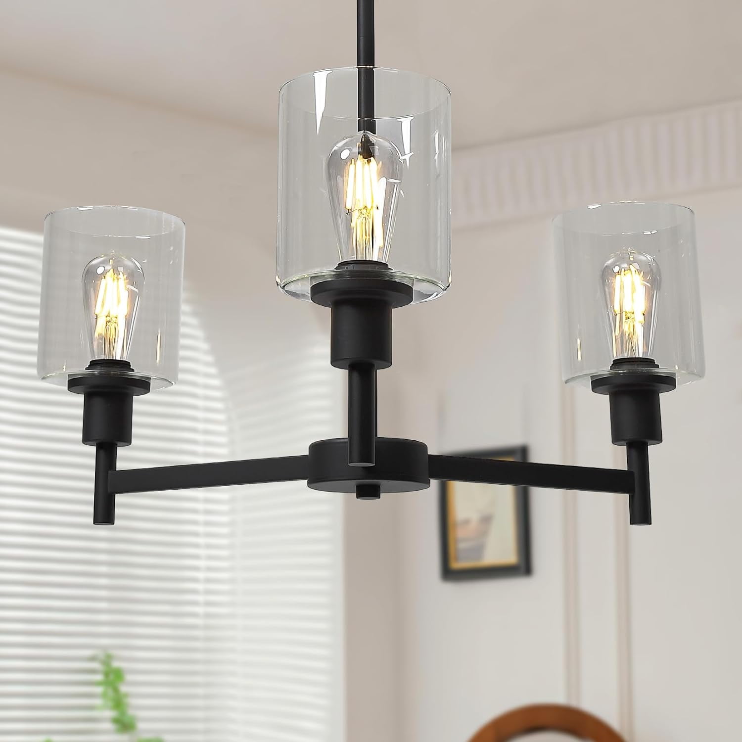Modern Black 3-Light Chandelier with Clear Glass Shades
