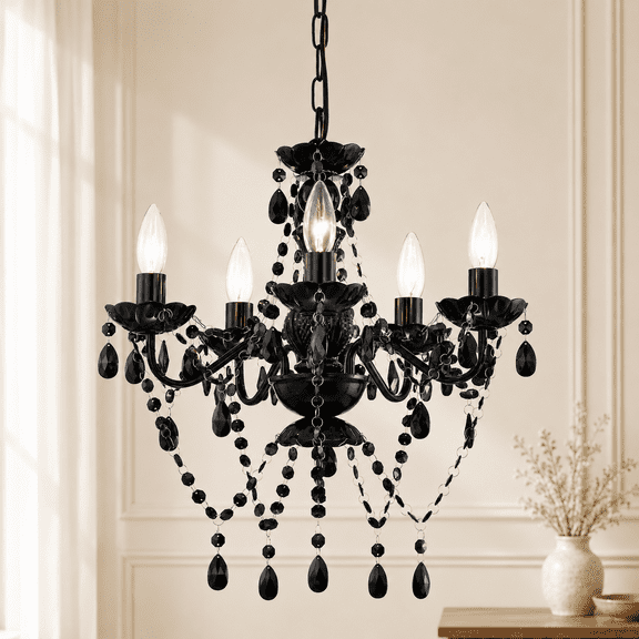 Black Crystal Chandelier 5-Light Small Acrylic Ceiling Lights with Adjustable Chain for Bedroom, Dining Room