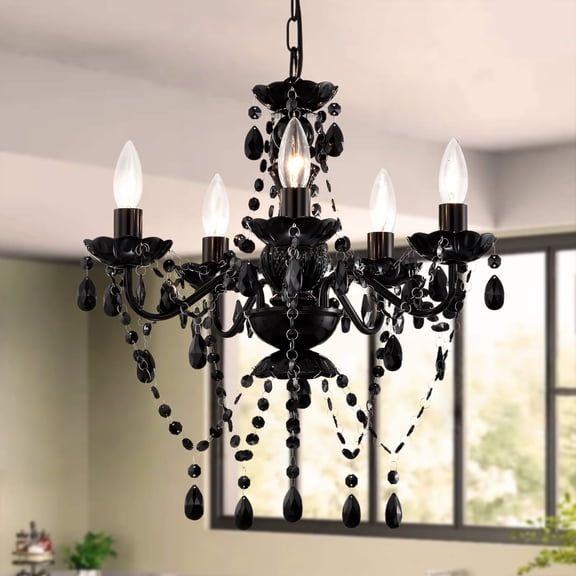 Black Crystal Chandelier 5 Light Small Acrylic Ceiling Lights with Adjustable Chain for Bedroom, Dining Room
