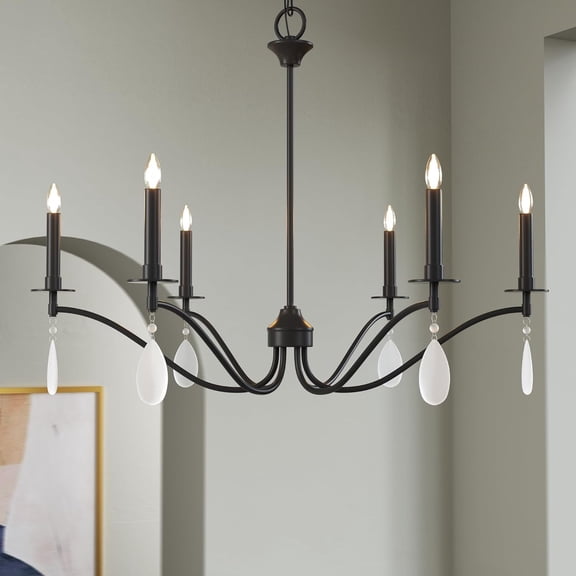 Black Chandelier for Living Room, 6-Light Rustic Candelabra Chandelier with Metal Frame, Ceiling Light for Dining Room Foyer Office Bar Island Crystal Teardrop Chandelier