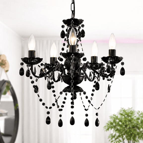 Black Crystal Chandelier for Bedroom,5-Light Acrylic Chandelier Lighting Fixture with Adjustable Chain, E12 Base