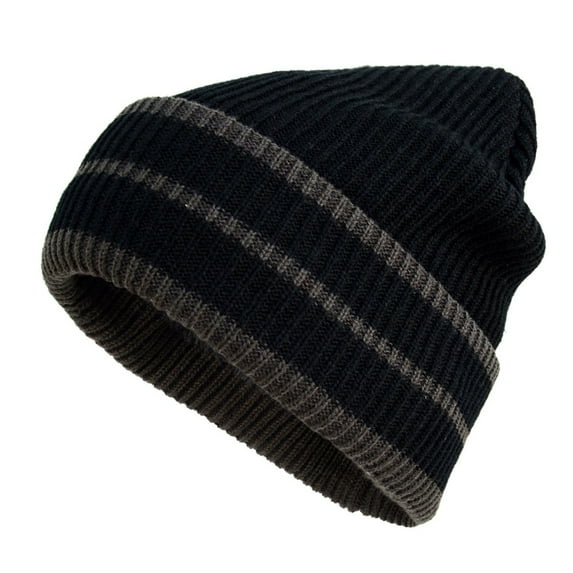 Black/Charcoa 2 Line Plush Fleece Lined Men's Cap -Heavy Duty Winter Outdoor Beanie Hat