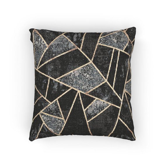 Black Charcoal Geometric Mosaic Woven Pillow, Gold Line and Textured Polygon Decor