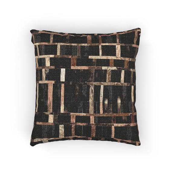 Black, Charcoal Gray and Brown Interlaced Grid Decorative Woven Pillow, Cotton-Polyester Shell