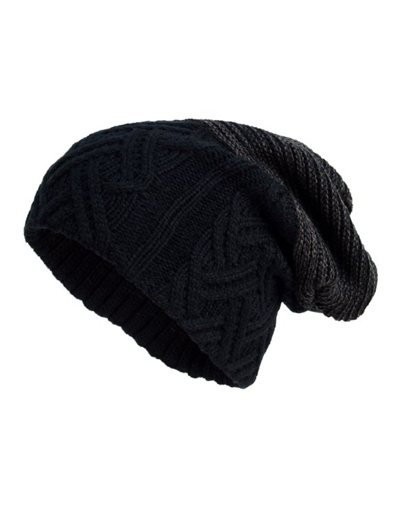 Black/Charcoal Patterned Plush Fleece Lined Men's Cap -Slouchy Oversized Baggy Winter Beanie Hat