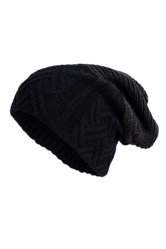 Black/Charcoal Patterned Plush Fleece Lined Men's Cap -Slouchy Oversized Baggy Winter Beanie Hat