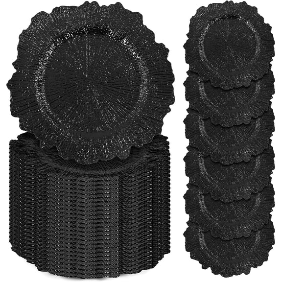 Black Charger Plates Bulk, Reef Plate Chargers for Dinner, Plastic Floral Decorative Plates for Table Setting, Wedding, Party, Event, Decoration
