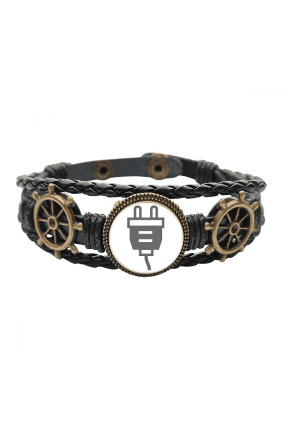 Black Charging Cable Plug Socket Pattern Leather Braided Ocean Bracelet Wristband