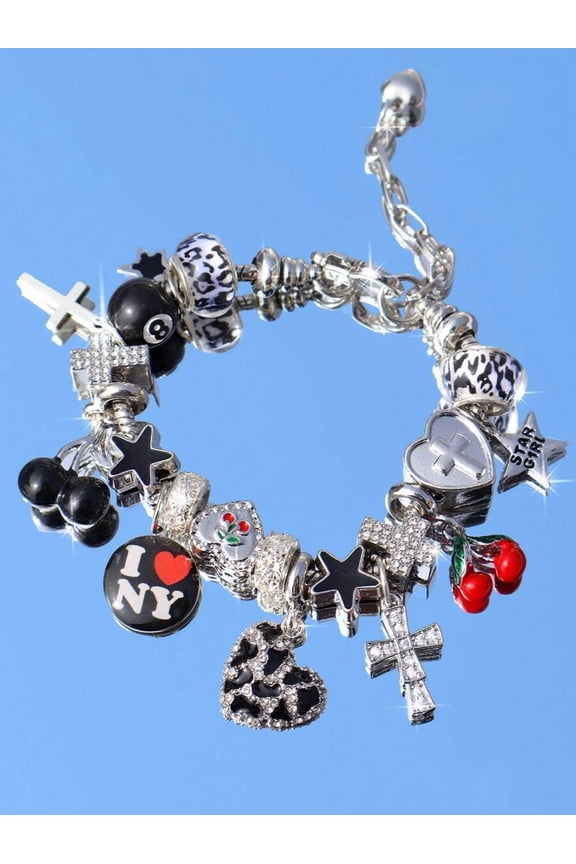 Black Charm Bracelet With Leopard Print, Cherry, Cross, Star & I ❤️ NY Charms