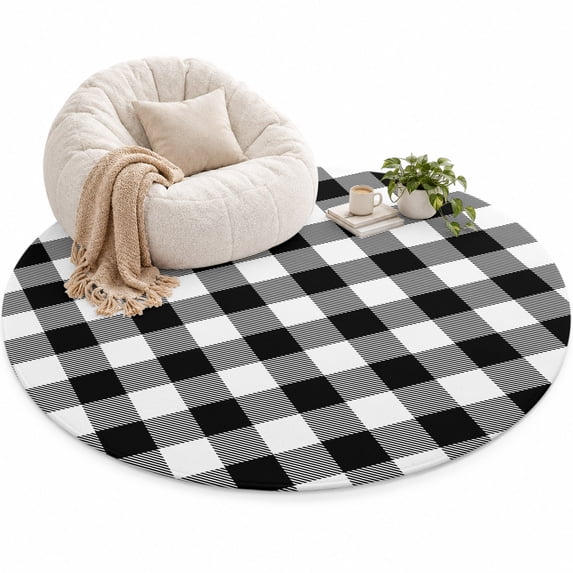 Black Check Plaid Area Rug 6', Black White Farmhouse Style Soft Mat Non ...