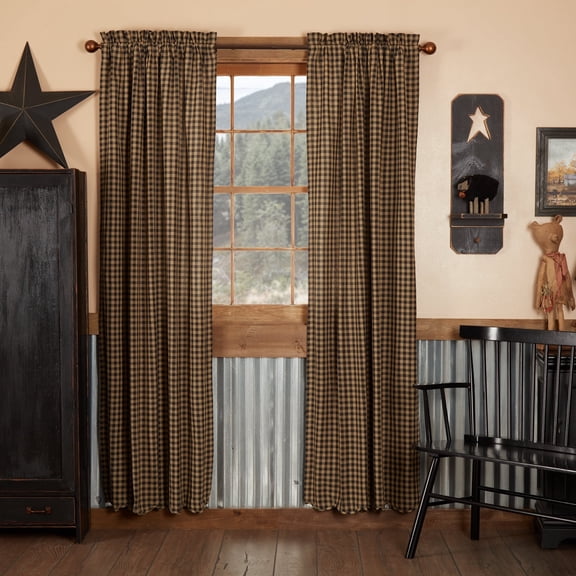 VHC Brands Black Check Scalloped Panel Set of 2 84x40 Country Rustic Design, Black and Tan
