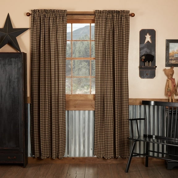 VHC Brands Black Check Scalloped Panel Set of 2 84x40 Country Rustic Design, Black and Tan