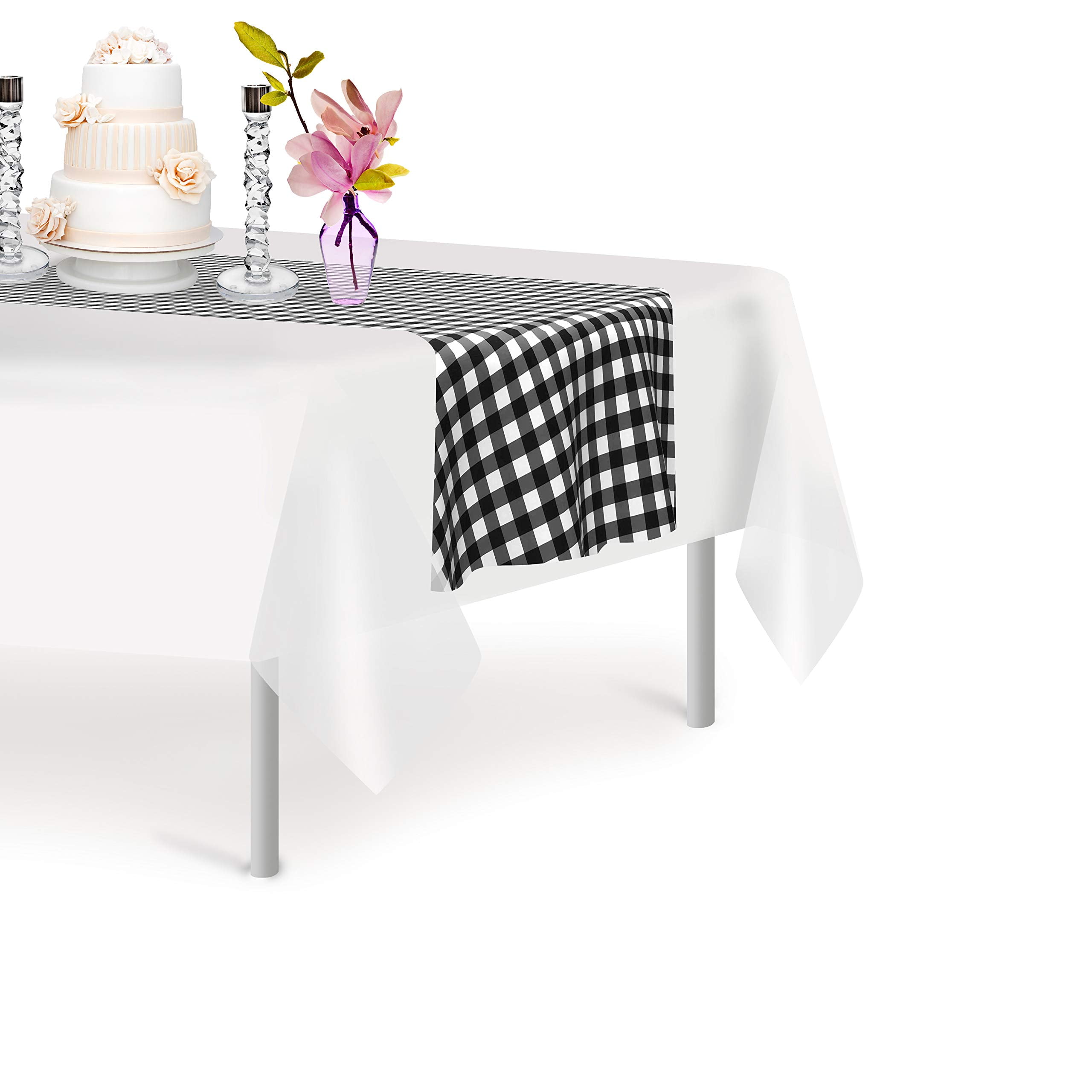 Black Checkered 12 Pack Gingham Premium Disposable Plastic Checkered Racing&nbsp; Flag Table Runner 14 x 108 Inch. Decorative Table Runner for Dinner Parties & Events, Decor By Grandipity