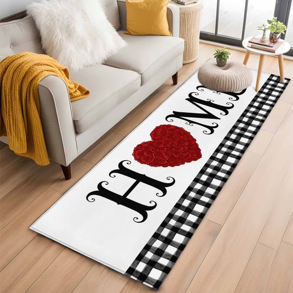 Black Checkered 2'x6' Runner Rugs for Hallway Kitchen Bedside Non Slip Washable, Home Love Heart Plaid Farmhouse Entryway Rug Runners with Rubber Backing, Long Carpet Runner for Laundry Room