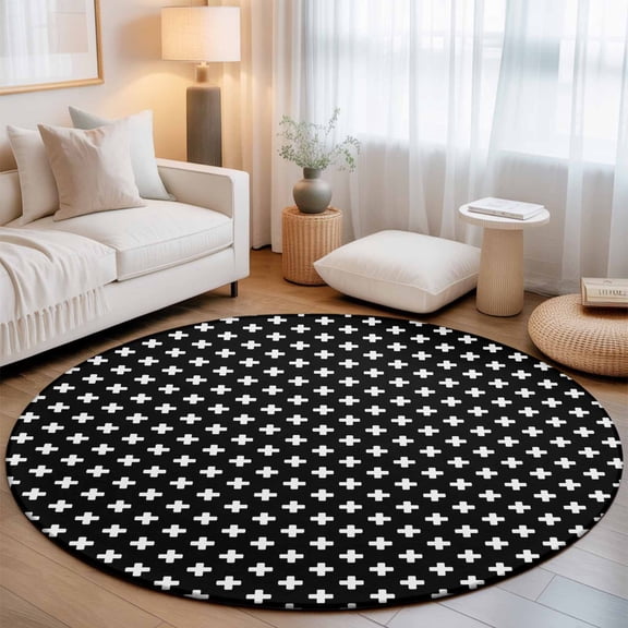 Black Checkered 8' Round Rugs for Open Concept Living Room Seating Zone, Country Abstract Geometric Diagonal Plaid Washable Non Slip Mats Large Circle Lounge Area Area Rug