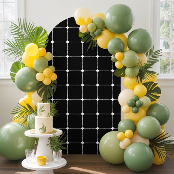 Black Checkered Arch Backdrop Cover 5 FT, Modern Minimalist Geometric Grid Lines Plaid Wedding Arch Cover Stretchy Backdrop Stands Covers for Birthday Party Ceremony Banquet Decor
