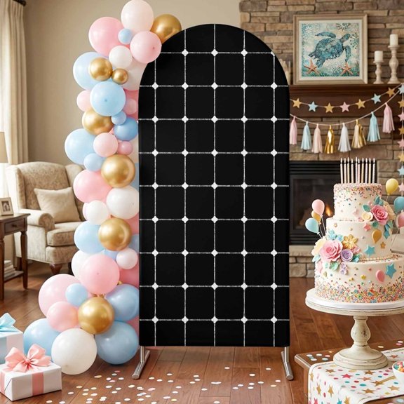 Black Checkered Arch Backdrop Covers 6 FT, Modern Minimalist Geometric Grid Lines Plaid Stretchy Fitted Arched Stand Covers Party Arch Stand Cover Photo Booth for Wedding Birthday Decor