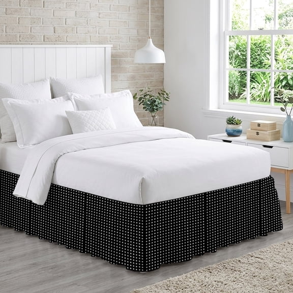 Black Checkered Bed Skirt California King Size 16 Inch Drop, Modern Abstract Geometric Diagonal Plaid Adjustable Elastic Dust Ruffles Bedskirt Wrap Around Pleated Mattress Frame Cover