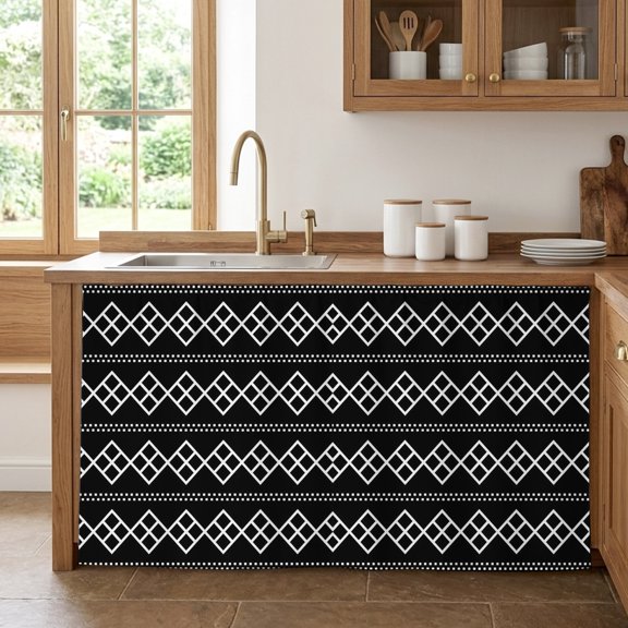 Black Checkered Cabinet Curtains 32" W x 55" L Abstract White Geometric Argyle Stripe Modern Waterproof Adhesive Kitchen Under Sink Curtain Dust-Proof Dishwasher Skirt for Closet