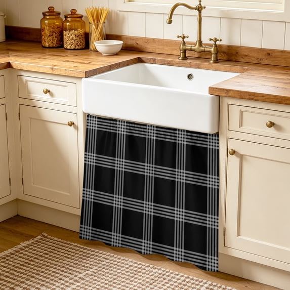 Black Checkered Cabinet Curtains 35"W x 35"L, Farmhouse Buffalo Plaid Modern Sink Skirt for Bathroom Vanity Kitchen Self Adhesive, Dust-Proof Privacy Curtain for Shelves Closet Laundry Room Pantry