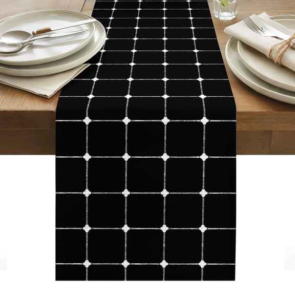 Black Checkered Cotton Linen Table Runner Modern Minimalist Geometric Grid Lines Plaid Dining Table Runners for Home Decor Party Dining Room Restaurant Kitchen Party 13" x 90"