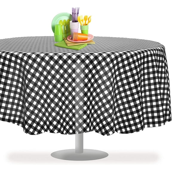 Black Checkered Gingham 12 Pack Premium Disposable Plastic Tablecloth 84" Inch Round Checkered Racing&nbsp; Flag Table Cover By Grandipity