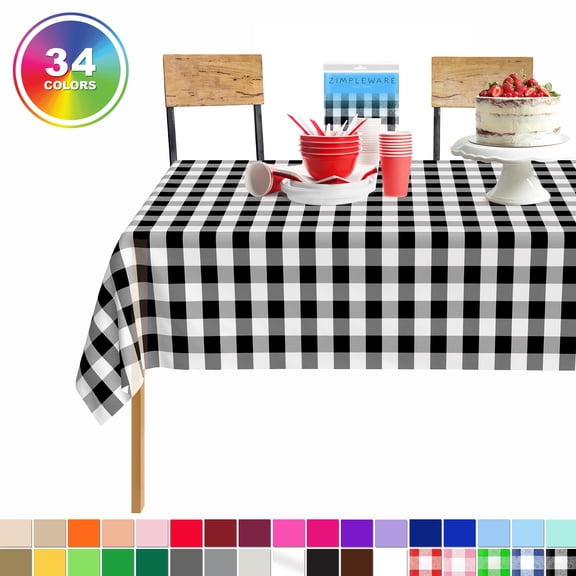 Black Checkered Gingham 6 Pack Standard Disposable Plastic Party Tablecloth 54 Inch. x 108 Inch. Rectangle Checkered Racing Flag Table Cover By Zimpleware