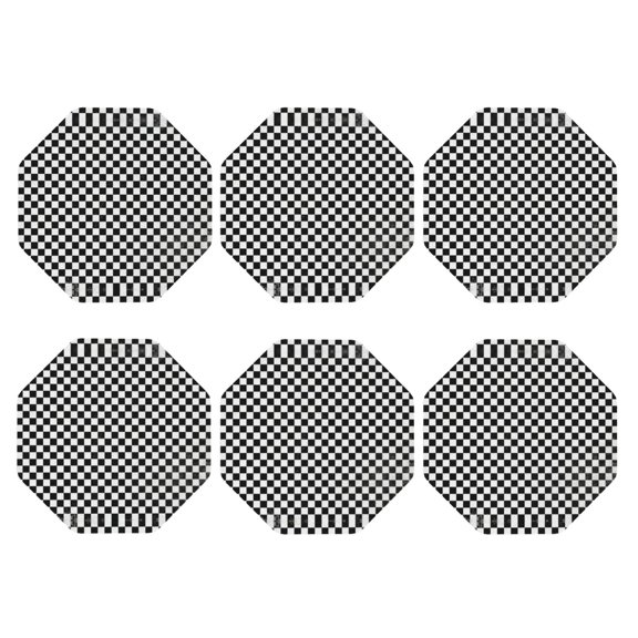 Black Checkered Leather Drinks Coasters Suitable for Various Cups Set of 6 Octagon