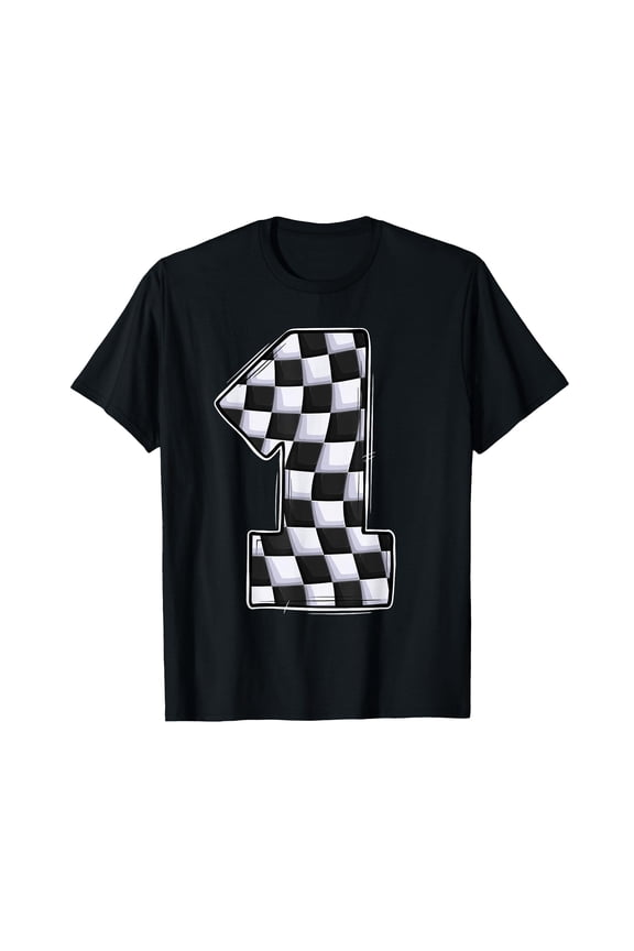 Black Checkered Number One Design T-Shirt for 1 Year Old Race Car Theme Birthday Celebration