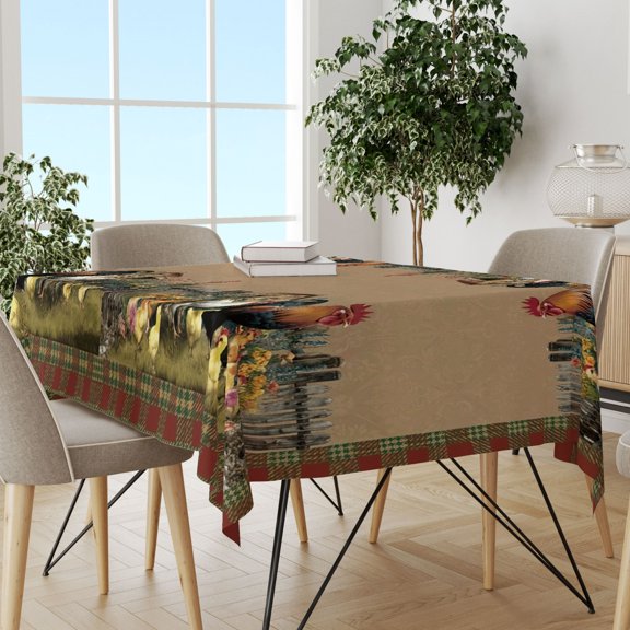Black Checkered Rooster Rectangle Tablecloth, Summer Rustic Printed Cover, Stain Resistant Lightweight Cloth for Farm Decor & Holiday Parties