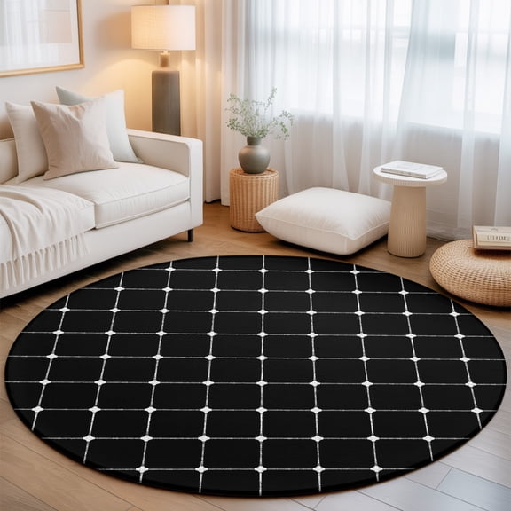 Black Checkered Round Living Room Rugs 6 ft, Modern Minimalist Geometric Grid Lines Plaid Washable Area Rug with Non-Slip Sturdy Edge Binding Round Carpet for Kitchen Office Bedroom