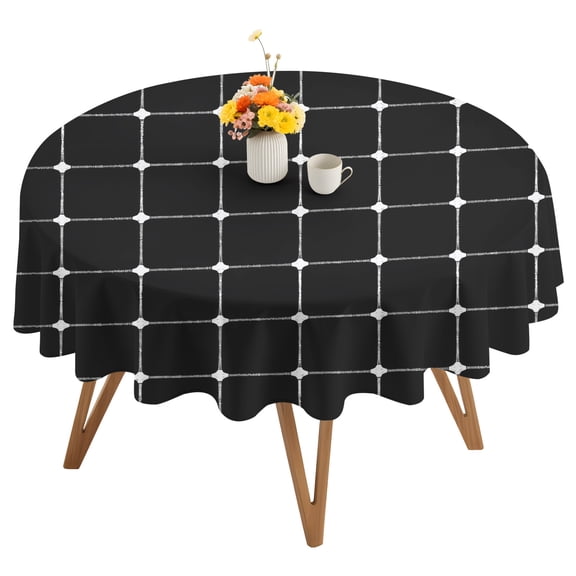 Black Checkered Round Tablecloth 54 inches Modern Minimalist Geometric Grid Lines Plaid Waterproof Oil-Proof Table Cloth Round Table Cover for Holiday Party Picnic Dinner Decor Indoor and Outdoor Use