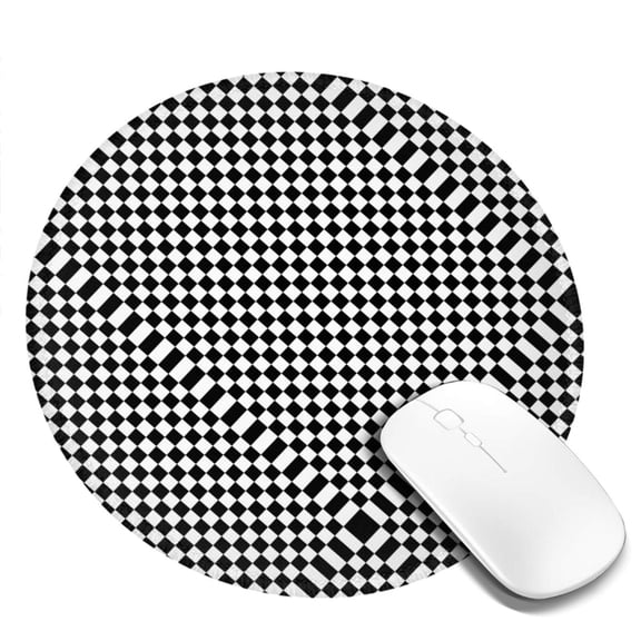 Black Checkered Small Round MousePad for Wireless Computer Laptop, Office Desk Accessories 7.9 x 7.9 inch