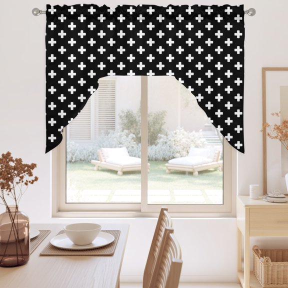 Black Checkered Swag Valance for Windows, Country Abstract Geometric Diagonal Plaid Swag Curtains Valances for Small Window Treatment Rod Pocket for Kitchen Bathroom 1 Panel 56x36in