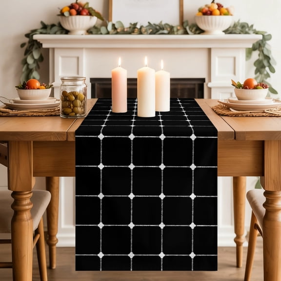 Black Checkered Table Runner 13x48 Inch Modern Minimalist Geometric Grid Lines Plaid Cotton Linen Dining Table Runner Ideal for Dresser Kitchen Coffee Tables - Machine Washable