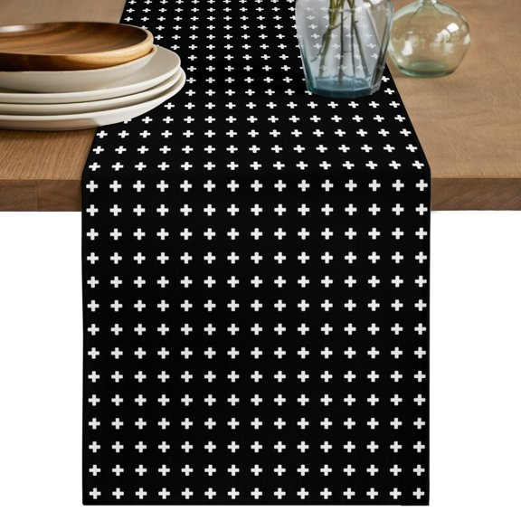 Black Checkered Table Runner, Modern Abstract Geometric Diagonal Plaid Cotton Linen Table Cloth, Tablerunner for Kitchen Dining Party Wedding Home Decor 13x48 Inch