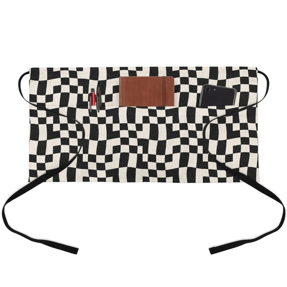 Black Checkered Waitress Apron with 3 Pockets, Plaid Vintage Abstract Art Rustic Server Aprons Waterproof Kitchen Restaurant Half Waist Apron for Men Women