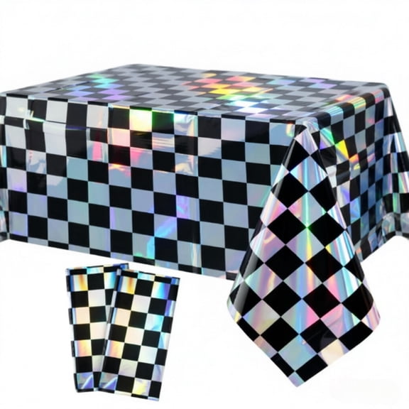 Black Checkereed Iridescent Tablecloth 2 Pack Holographic Disposable for Party 54x108inch
